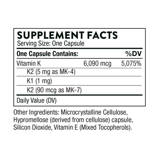 Thorne Vitamin K (Formerly 3-K Complete), Vitamins K1 and K2 (As MK-4 and MK-7), Supports Strong Bones, 60 Capsules