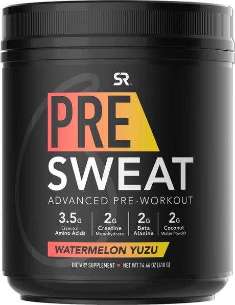 Sports Research Presweat Advanced Pre-Workout Energy Powder | 9 Essential Amino Acids, Organic Caffeine + L-Theanine, Creatine, Beta-Alanine, Acetyl- L-Carnitine, Tart Cherry (Watermelon Yuzu) 14.46Oz