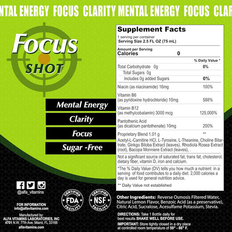 Focus Shot by Alfa Vitamins - Natural Bacopa Extract, Rhodiola Supports Focus & Memory, Ready to Drink, Natural Energy - 2.5Oz Bottle - 20 Pack