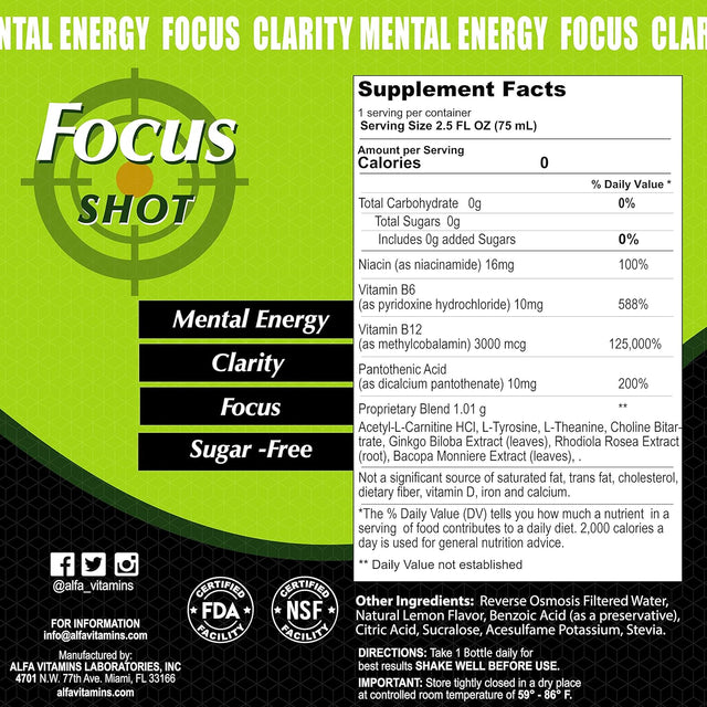 Focus Shot by Alfa Vitamins - Natural Bacopa Extract, Rhodiola Supports Focus & Memory, Ready to Drink, Natural Energy - 2.5Oz Bottle - 20 Pack