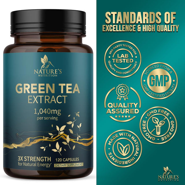 Nature'S Green Tea Extract Pills 98% Standardized EGCG 1000Mg - 3X Strength for Natural Energy & Supports Heart Antioxidant Health - Herbal Supplement with Polyphenols, Vegan, Non-Gmo - 120 Capsules