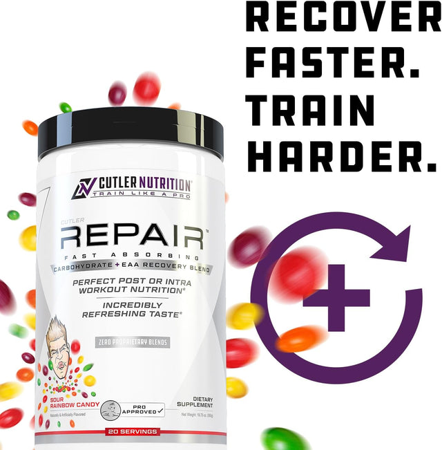 Repair Post Workout Recovery Drink: Fast Absorbing Carbohydrates (Waxy Maize + Cluster Dextrin) and BCAA/EAA for Advanced Muscle Recovery, Sour Rainbow Candy, 20 Servings