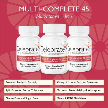 Celebrate Vitamins Multi-Complete 45 Bariatric Multivitamin with Iron Chewables, 45 Mg of Iron, Watermelon, 180 Count