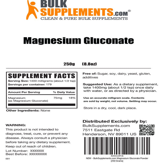 Bulksupplements.Com Magnesium Gluconate Powder - Magnesium Vitamin - Magnesium Mineral Supplements (250 Grams)