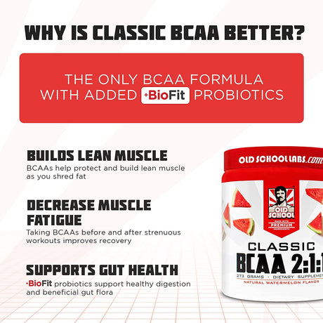 Old School Labs Classic BCAA 2:1:1 - Branched-Chain Amino Acids for Lean Muscle and Recovery with Biofit Probiotics - Natural Watermelon Flavor Makes for a Delicious Drink during Any Activity