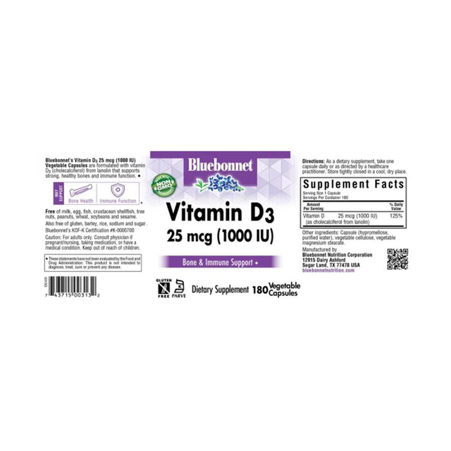 Bluebonnet Nutrition - Vitamin D3 1000 IU - 180 Vegetarian Capsules