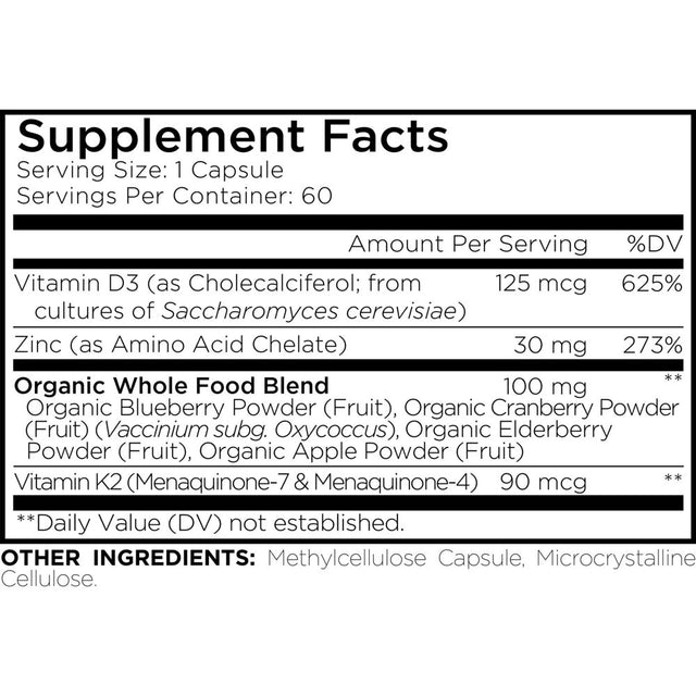 Amen Vitamin D, K2 & Zinc, Cholecalciferol D3 5000 IU, Organic Whole Food Blend, Non-Gmo, 60 Ct