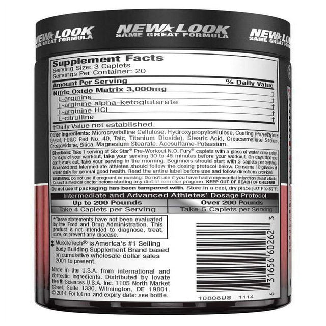 Six Star Pro Nutrition Elite Series Pre Workout N.O. Fury, Nitric Oxide Booster, 60 Caplets