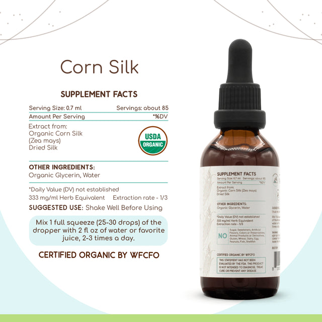 Corn Silk Alcohol-Free Herbal Extract Tincture, Super-Concentrated Organic Corn Silk (Zea Mays) Dried Silk 2 Oz