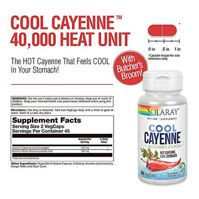 Solaray Cool Cayenne Pepper 40,000 HU with Butchers Broom for Healthy Circulation Support | 90 Vegcaps