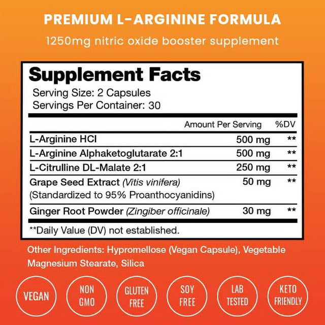 Premium L Arginine Nitric Oxide Supplement | Extra Strength for Energy, Muscle Growth, Heart Health, Vascularity & Stamina | Powerful NO Booster Capsules with L-Arginine & L-Citrulline Powder