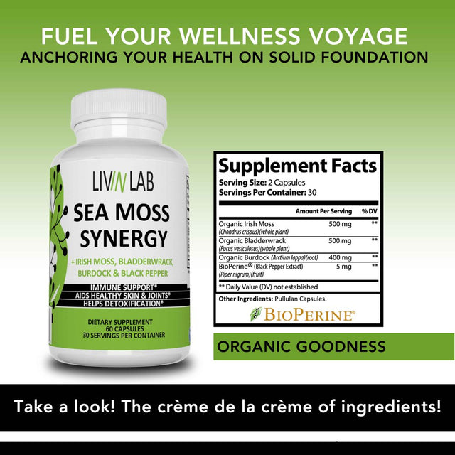 Livin Lab Sea Moss Synergy - Organic Irish Moss, Burdock Root, and Bladderwrack Capsules - Immune System, Gut Cleanse & Thyroid Supplement - All-Natural Sea Moss Powder