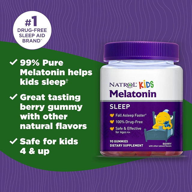 Natrol Kids Melatonin Gummy, 1Mg, Sleep Aid Supplement for Children, Ages 4 and Up, 90 Berry Flavored Gummies