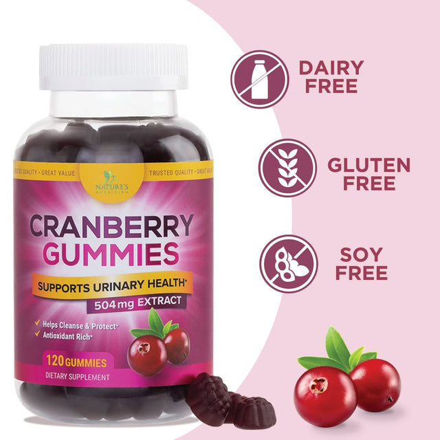 Nature'S Nutrition Cranberry Urinary Tract Health Gummies + Vitamin C - 25,000Mg - Triple Strength Cranberry Concentrate Extract Supplement Pills, Ultimate Potency, Non-Gmo, Gluten Free - 120 Gummies