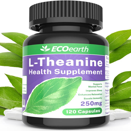 L-Theanine 250 Mg 120 Capsules, Supplement Support for Anxiety, Focus, Sleep by Ecoearth