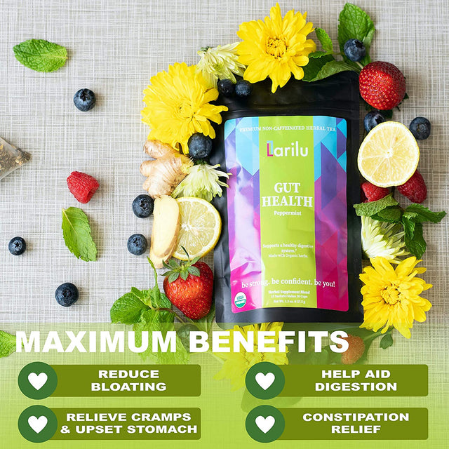 Larilu Gut Health Detox Tea - Digestive Tea Helps Improve Digestion, Reduce Tummy Bloating, Gas, Natural Detox Support - Organic Herbal Tea with Peppermint, Ginger, Fennel, Caffeine Free (30 Cups)