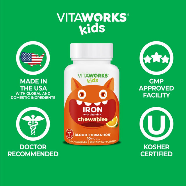 Vitaworks Kids Iron 10Mg W/ Vitamin C 50Mg, Dietary Iron Supplement, Blood Formation, 120 Chewables