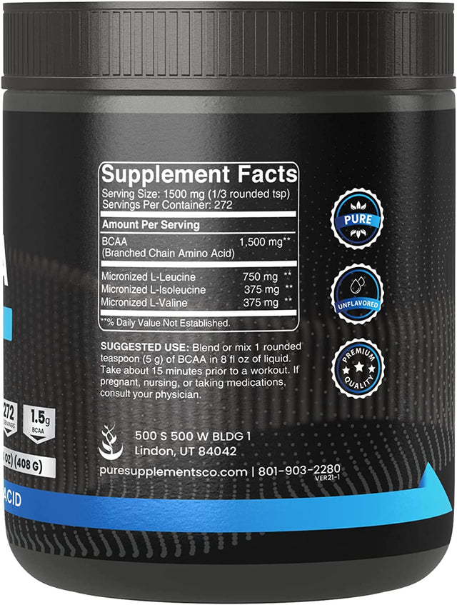 PURE ORIGINAL INGREDIENTS 2:1 BCAA Powder, 14.4 Oz, Unflavored, 272 Servings, Always Pure, No Additives or Fillers