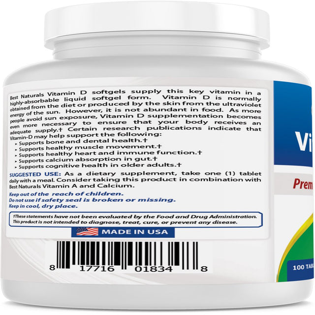 Best Naturals Vitamin D3 Supplement 50 Mcg (2,000 IU) 100 Tablets | Support Immune Health, Strong Bones and Teeth, & Muscle Function