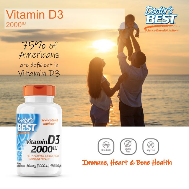 Doctor'S Best Vitamin D3 2000IU, Non-Gmo, Gluten Free, Soy Free, Regulates Immune Function, Supports Healthy Bones, 180 Softgels