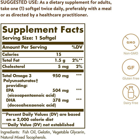 Solgar Triple Strength Omega-3 950 Mg, 100 Softgels - Supports Cardiovascular, Joint & Skin Health - Heart Healthy Supplement - Essential Fatty Acids - Non GMO, Gluten Free, Dairy Free - 100 Servings