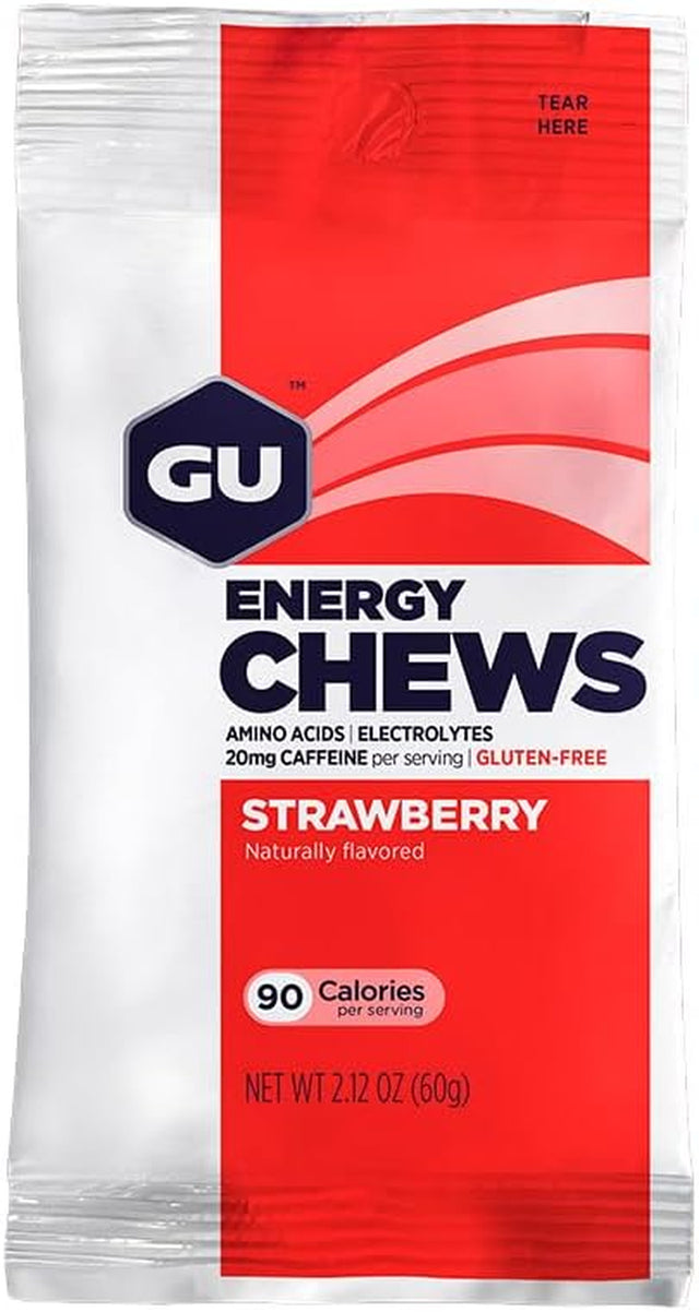 GU Energy Chews, Strawberry Energy Gummies with Electrolytes, Vegan, Gluten-Free, Kosher, and Dairy-Free On-The-Go Energy for Any Workout, 12 Bags (24 Servings Total)