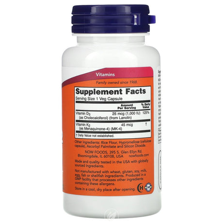 Now Foods Vitamin D-3 and K-2 - 120 Vcaps, Pack of 2