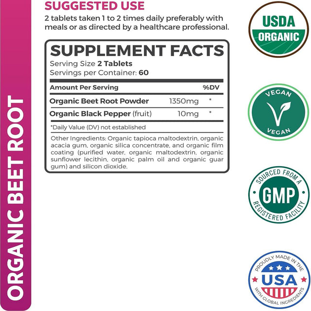 Healths Harmony Organic Beet Root Powder (120 Tablets) 1350Mg Beets per Serving with Black Pepper for Extra Absorption - Nitrate Supplement for Circulation, Heart Health - No Capsules