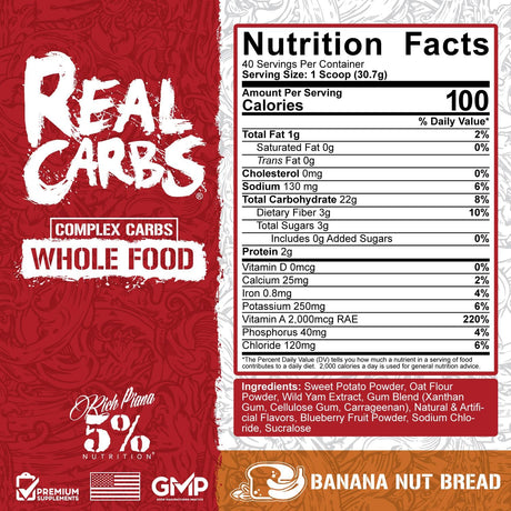 Rich Piana 5% Nutrition Real Carbs with Real Food Complex Carbohydrates, Long-Lasting Low Glycemic Energy for Pre-Workout/Post-Workout Recovery Meal, 2.7 Lb, 40 Servings (Banana Nut Bread)