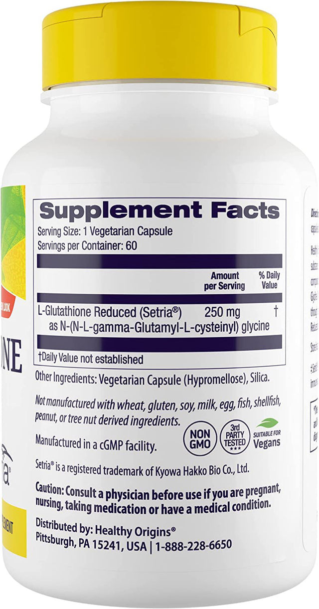 Healthy Origins L-Glutathione 250 Mg (Setria, Non-Gmo, Gluten Free, Antioxidant, Immune Support, Skin Support), 60 Veggie Caps