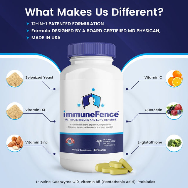 Immunefence 12-In-1 Extensive Immune and Lung Function Booster Supplement, Powerful Patented Blend of Selenium, L-Glutathione, L-Lysine, Quercetin, Vitamin C and Zinc, 60 Count