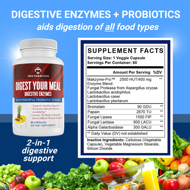 Truthentics Digestive Enzymes with Probiotic - Digestive Enzyme Formula for Digestive Health, Gas Bloating Constipation Relief - 60 Capsules