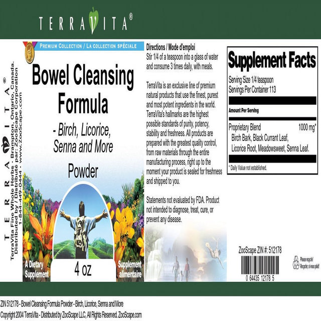 Terravita Bowel Cleansing Formula Powder - Birch, Licorice, Senna and More, (4 Oz, 2-Pack, Zin: 512178)