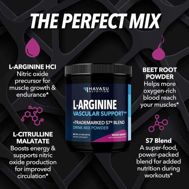 Havasu Nutrition L-Arginine Powder | Nitric Oxide L-Arginine Pre-Workout Powder, Mixed Berry, 30 Servings