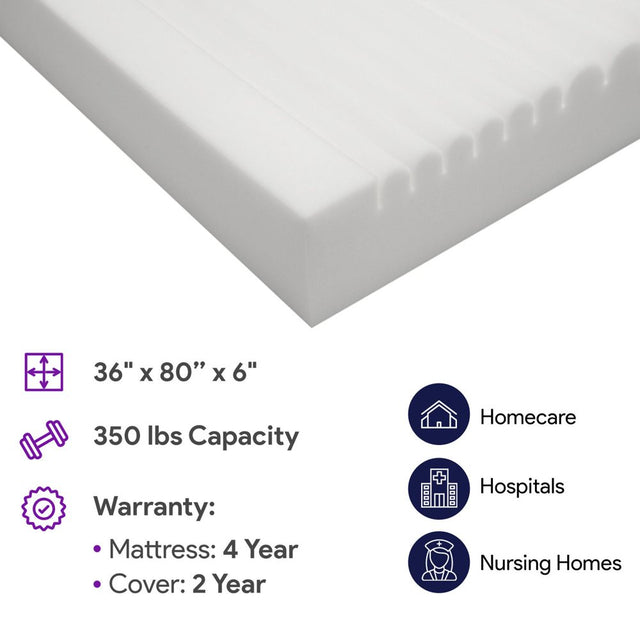 Proheal Foam Hospital Bed Mattress for Pressure Redistribution - Deep Immersion High Density Foam - 36" X 80" X 6"