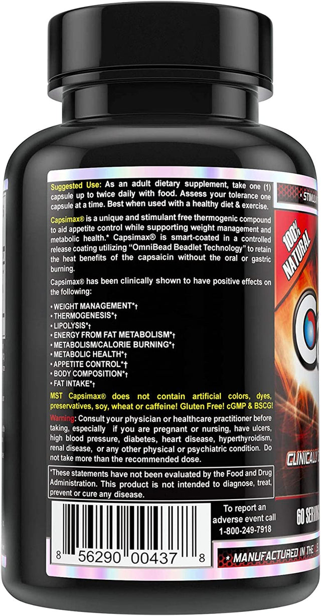 MST Capsimax Supplement 100Mg V Capsules, 60 Servings Clinically Dosed Weight Management, Thermogenic, Appetite Control, Calorie Burning, Metabolic Health, Stimulant Free. BSCG Certified