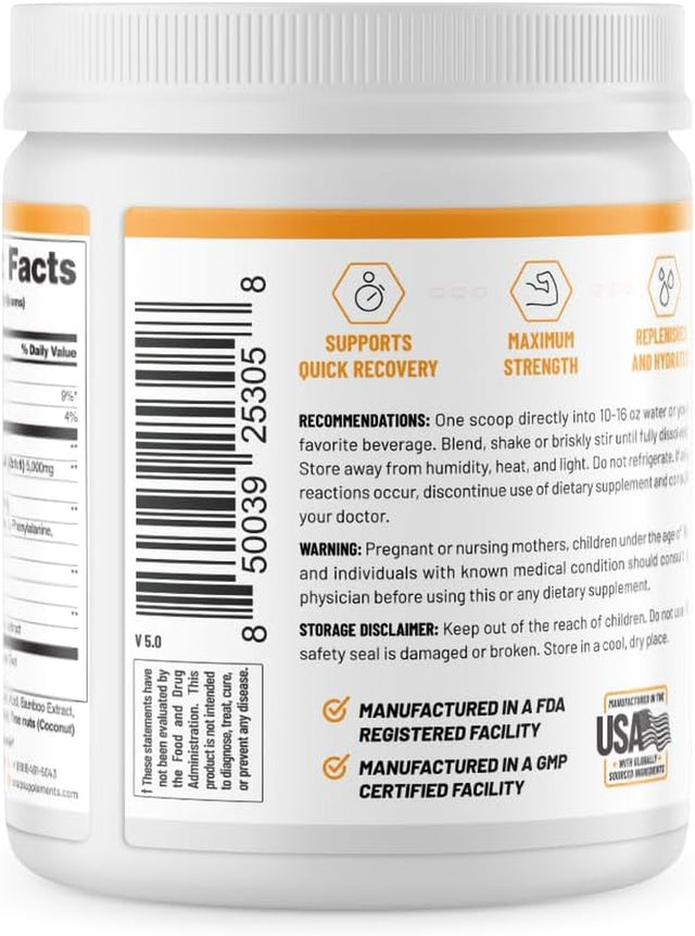 Snap Supplements Plant-Based BCAA Powder with Nitric Oxide Booster, No Artificial Flavors, Support Muscle Strength and Recovery, 30 Servings, Peach Mango