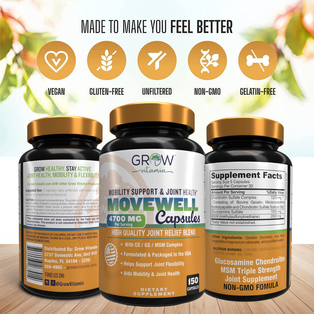 Movewell Chondro Relief Joint Support Supplement, with Chondroitin Sulfate Complex, Glucosamine and MSM | Relief from Sore Knee, Hip, Finger, Wrist, Elbow, Shoulder, Back Pain | Non-Gmo Formula