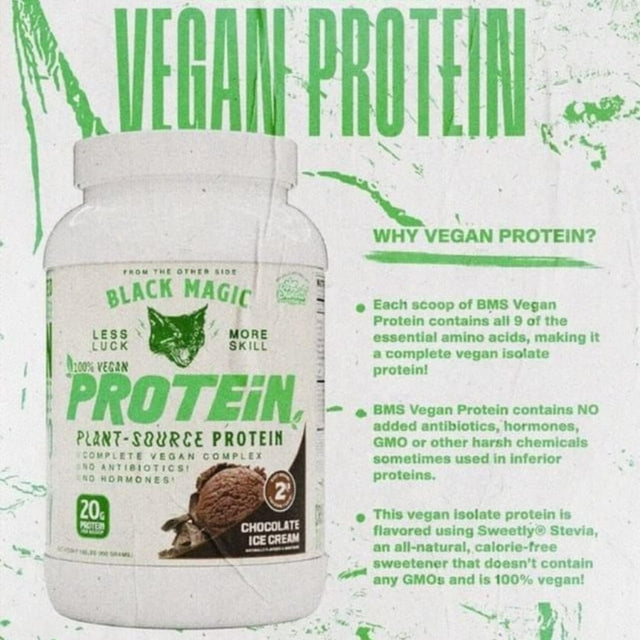 Black Magic Plant-Source 100% Vegan Protein - Keto, Low Sugar, Dairy Free Protein - Pre/Post Workout - Chocolate Ice Cream - 20G Protein - 2 LB