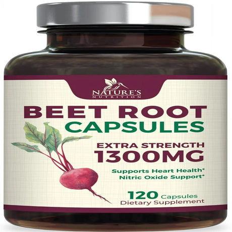 Beet Root Capsules - 1300Mg Extra Strength, Natural Beetroot Powder Extract - Nitric Oxide Supports Heart Health, Endurance & Energy - Vegan Herbal Extract Supplement - Nongmo - 120 Capsules