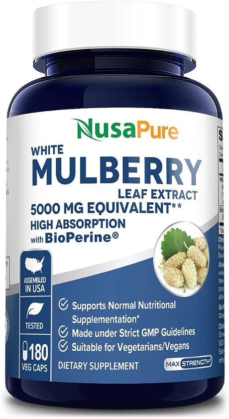 Nusapure 5,000Mg White Mulberry Leaf Extract 180 Veggie Caps with Bioperine, a Vegetarian Dietary Supplement Promoting Adult Wellness, Better Health, and a Unisex Approach