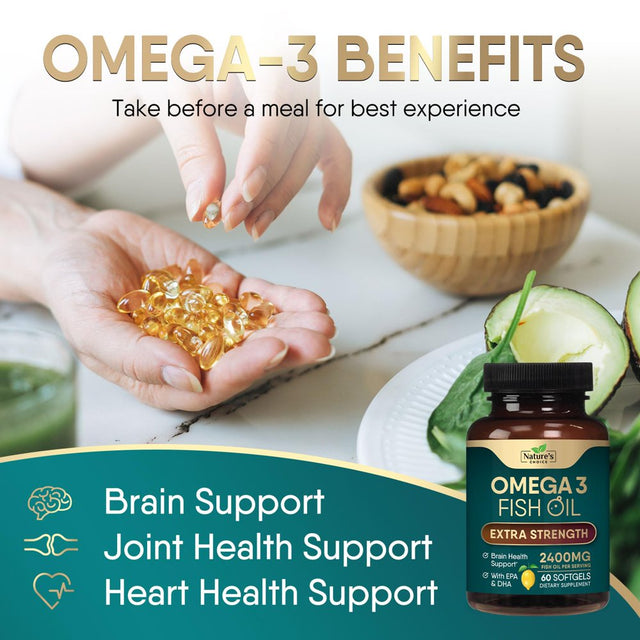 Triple Strength Omega 3 Fish Oil 2400 Mg Softgels, Nature'S Fish Oil Supplements, Brain & Heart Health Support - EPA & DHA, 1200 MG Fish Oil in Each Softgel, Omega-3 Supplement - 60 Fish Oil Softgels