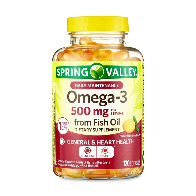 Spring Valley Omega-3 Fish Oil Softgels, Lemon, 500 Mg, 120 Count