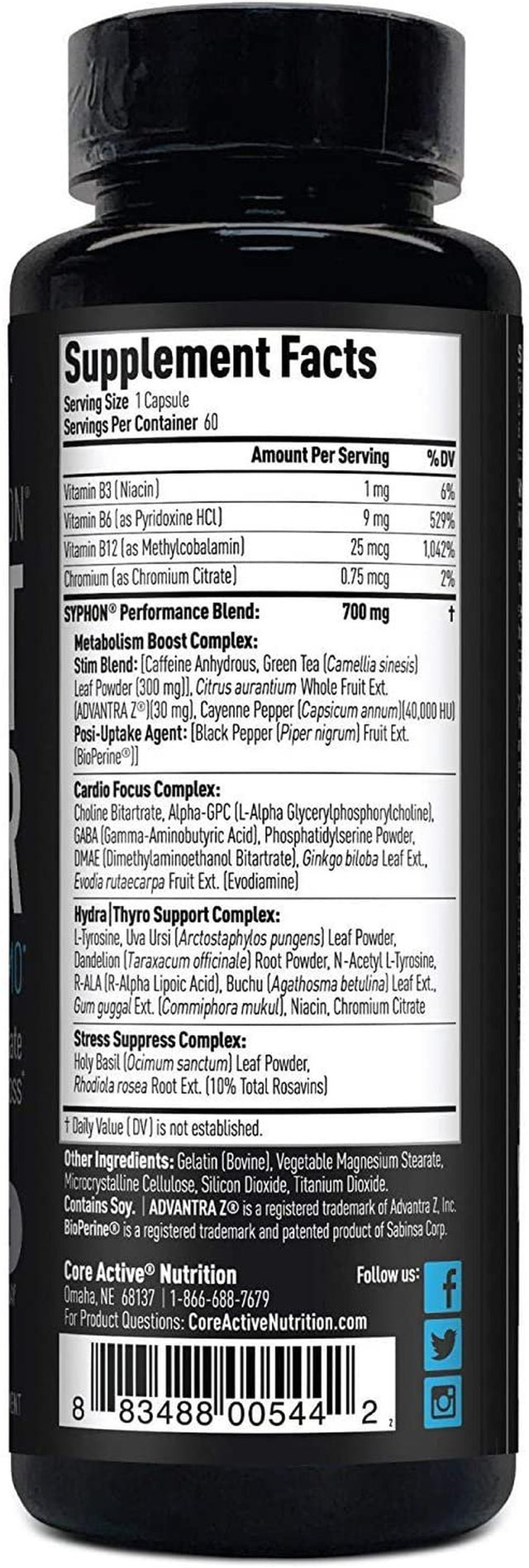 Core Active Syphon Thermogenic Fat Burner - Keto Friendly Weight Loss Supplement Pills - Advantra Z for Energy, Focus, Appetite Control Increase Metabolism Muscle Toning - 60 Capsules - 60 Day Supply