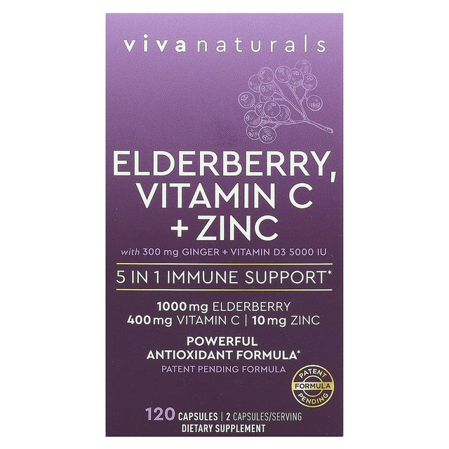 Viva Naturals Elderberry, Vitamin C + Zinc, 120 Capsules