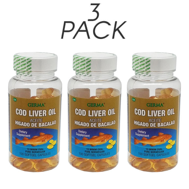 Germa Cod Liver Oil Natural Dietary Supplement. Improves Cognitive Peformance & Joint Health. 100 Capsules. Pack of 3