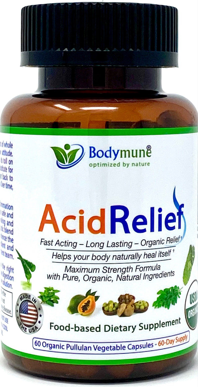 Bodymune Acidrelief All-Natural USDA Organic Acid Relief Supplement, Antacids, Acid Reflux Relief, Heartburn, Acid Indigestion Relief Supplement | 100% Vegan Non-Gmo Gluten-Free USA Made - 60 Capsules