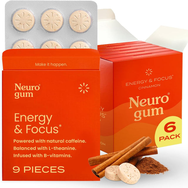 Neurogum Energy Caffeine Gum (54 Pieces) - Sugar Free with L-Theanine + Natural Caffeine + Vitamin B12 & B6 - Nootropic Energy & Focus Supplement for Women & Men - Keto & Vegan, Cinnamon Flavor