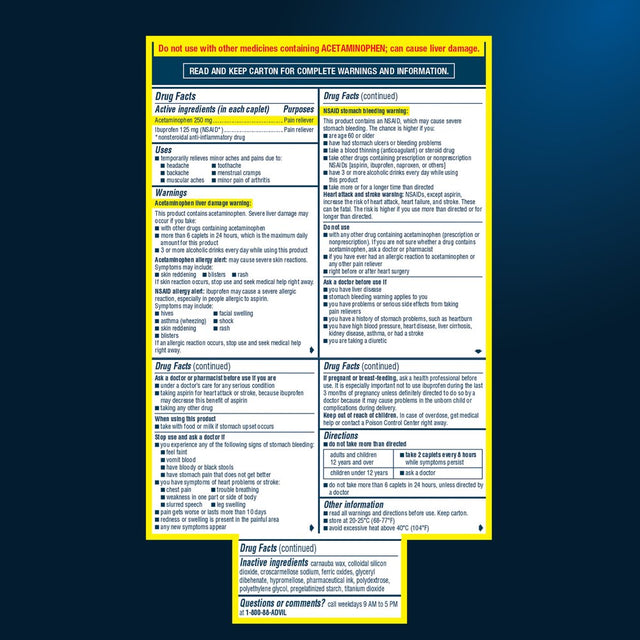 Advil Dual Action with Acetaminophen Pain and Headache Reliever Ibuprofen, Coated Caplets, 144 Count