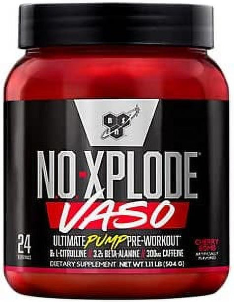 BSN N.O.-XPLODE Vaso Pre Workout Powder with 8G of L-Citrulline and 3.2G Beta-Alanine and Energy, Flavor: Cherry Bomb, 24 Servings